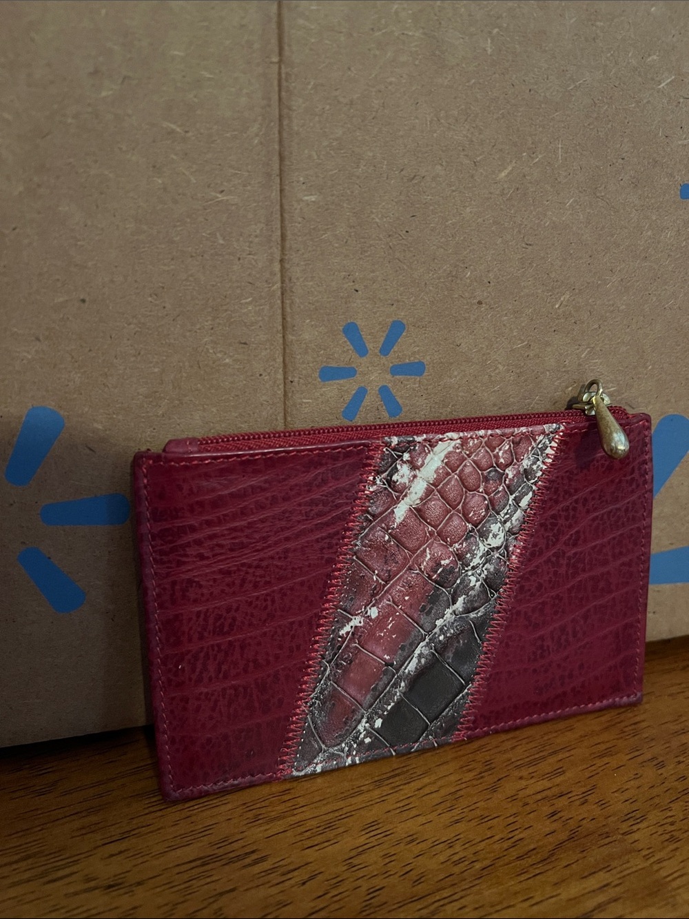 Red Croc-Embossed Leather Zip Card Wallet